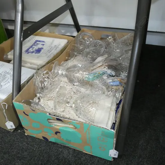 BOX LOT ASST. LINENS & CRYSTAL 