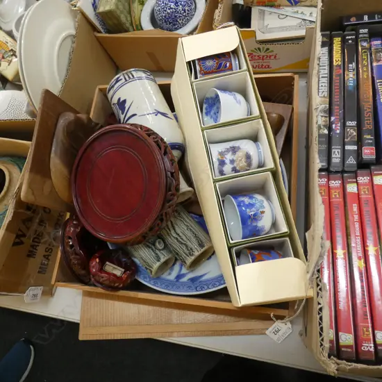 BOX LOT ASST. ORIENTAL ITEMS; ROSEWOOD STANDS, CERAMICS ETC