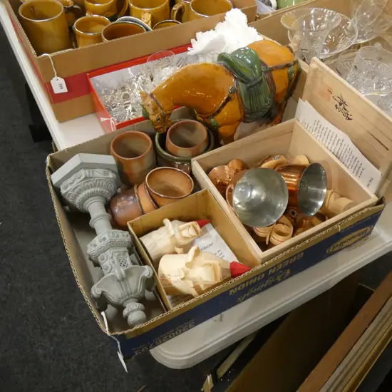 BOX LOT ASST. ORIENTAL ITEMS; SASANOBORI, HORSE, POTTERY CUPS ETC