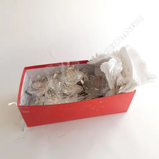 BOX LOT ASST. CUTLERY, GLASSES ETC