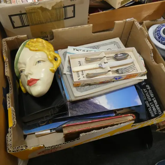 BOX LOT ASST EPHEMERA; COINS, DECO WALL FACE, ETC