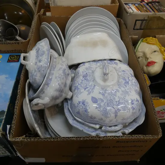 BOX LOT THOMAS GERMAN PLATES, 2 OLD B/W TUREENS