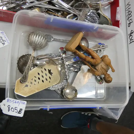 ASST. ORIENTAL SILVER? CUTLERY + CARVED WOODEN BOY w. GOOSE