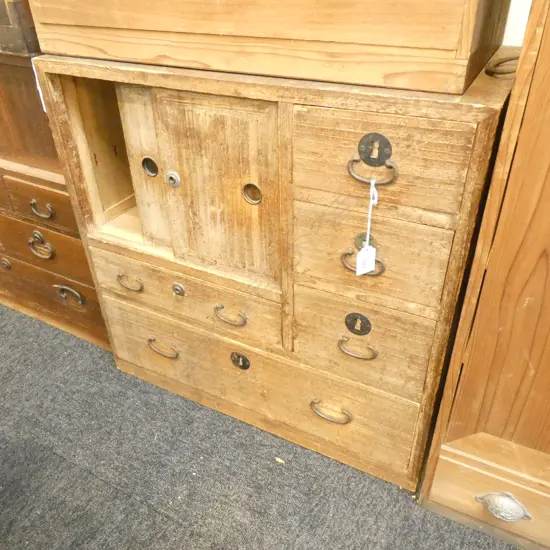 OLD JAPANESE SMALL TANSU CHEST 5 DRAWERS / 2 SLIDING CUPBOARDS
