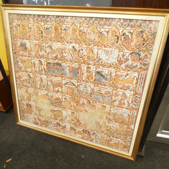 LARGE FRAMED NEPALESE FABRIC ARTWORK SOME WEAR 1160x1270mm 
