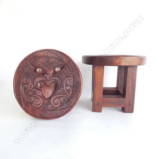 PR CARVED WOODEN MAORI STOOLS 275mm dia