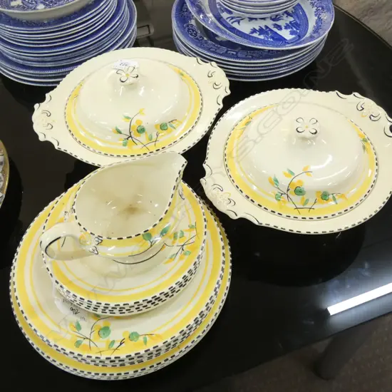 19 PCES YELLOW WOODS IVORY WARE; 16 PLATES, 2 TUREENS, JUG