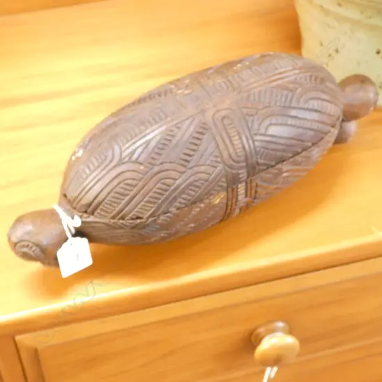 CARVED WOODEN LIDDED MAORI BOX; WAKA HUIA  L.350mm