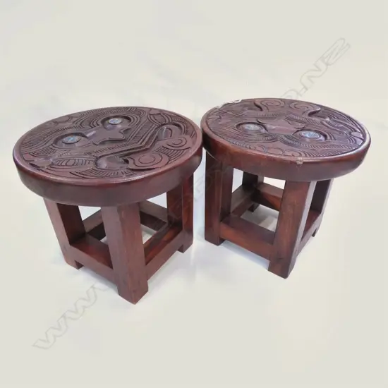 PR CARVED WOODEN MAORI STOOLS 260mm dia