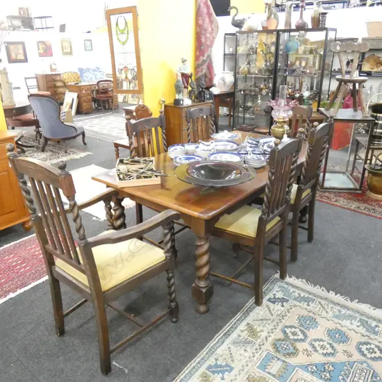OAK ARTS AND CRAFTS BARLEY TWIST DINING TABLE AND CHAIRS
