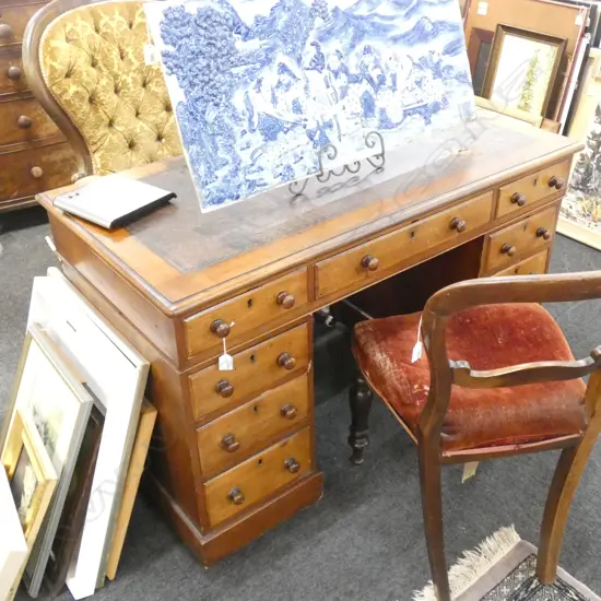 ANTIQUE MAHOGANY DOUBLE PEDESTAL DESK; LEATHER TOP...