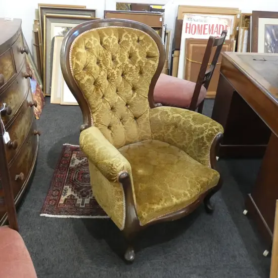 GRAND FATHER CHAIR; BROWN VELVET