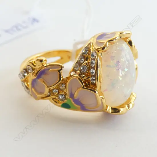FAUX OPAL GUILDED RING WITH ENAMEL?  ACCENTS
