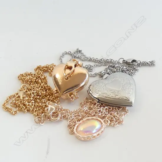 2 X GILDED LOCKETS & CHAINS HEART PENDANT & FAUX OPAL 1 X SILVER PLATE WITH HEART PENDANT