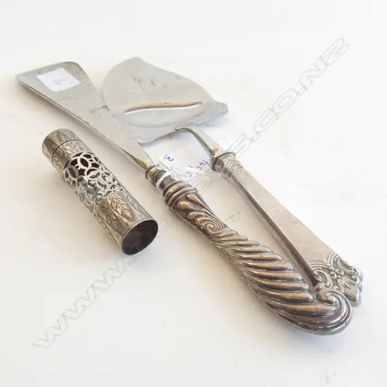 STG HANDLED CHEESE KNIVE & SHOE HORN, SHEF. 1905 + STG SCENT BOTTLE COVER 