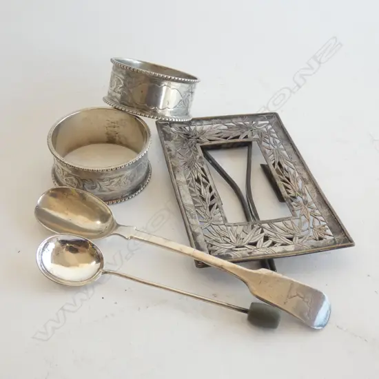  2 STG NAPKIN RINGS + 2 STG SPOONS + JAPANESE SILVER? PHOTO FRAME 85 GRAMS