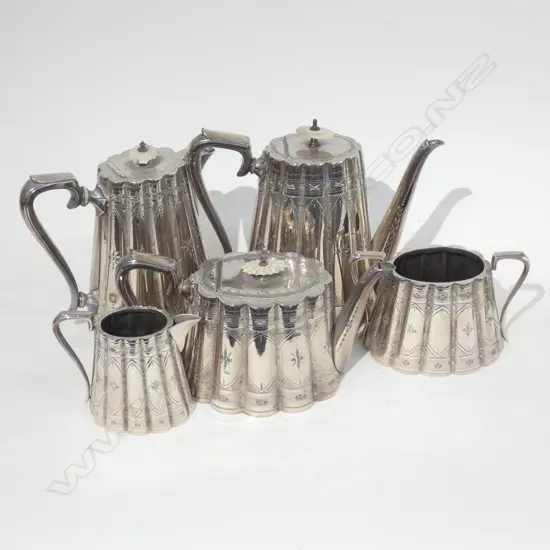 FIVE PC VICTORIAN SILVER PLATE TEA SET; TEA / COFFEE & HOT WATER POTS / JUG & SUGAR