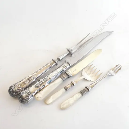 SILVER PLATE CARVING KNIFE & FORK + 2 MOP SERVING FORKS & KNIFE