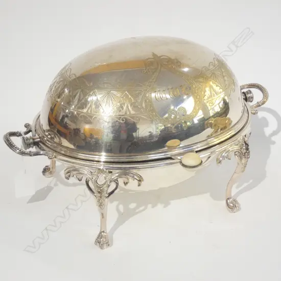 LG ENGRAVED SILVER PLATE DOME FOOD WARMER / MEAT TRAY H. 240 L 350MM