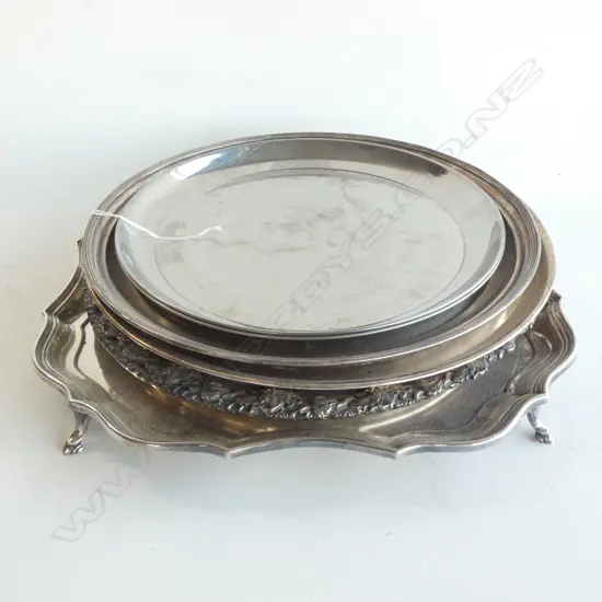 7 SILVER PLATE TRAYS; REPRODUCTION SHEFFEILD PLATE ETC 400mm dia