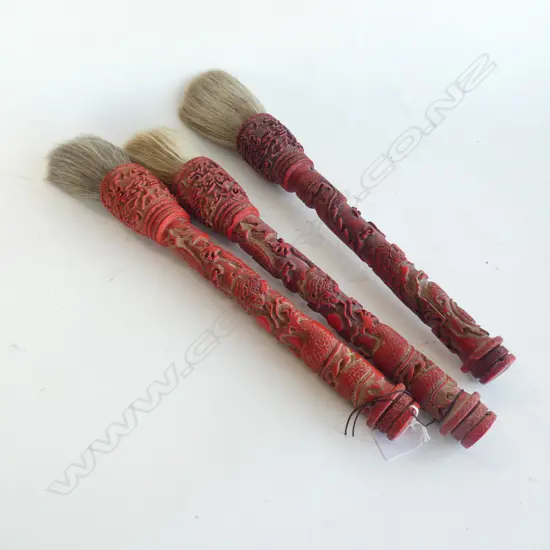 3 CHINESE RED LACQUER CALLIGRAPHY BRUSHES L.480mm