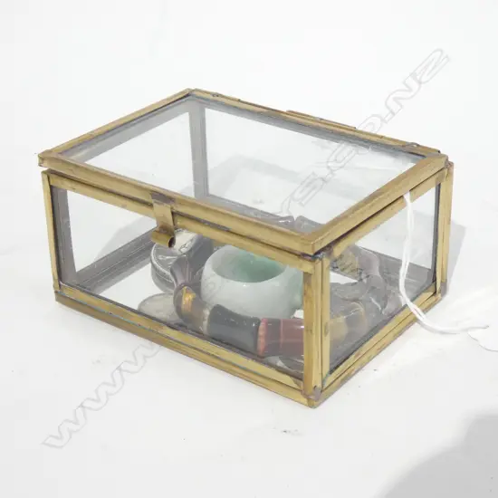 GLASS BOX W OLD ORIENTAL COINS / JADE BRACELET & OLD FROG NAPKIN RING