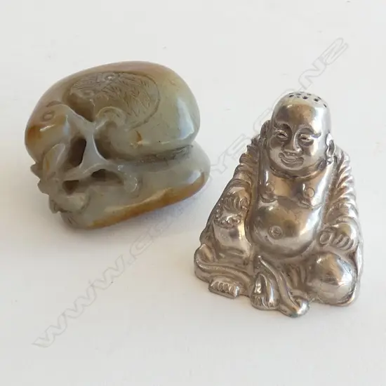 CHINESE SILVER PEPPER POT IN THE FORM OF BUDDHA + JADE HANDLING PIECE