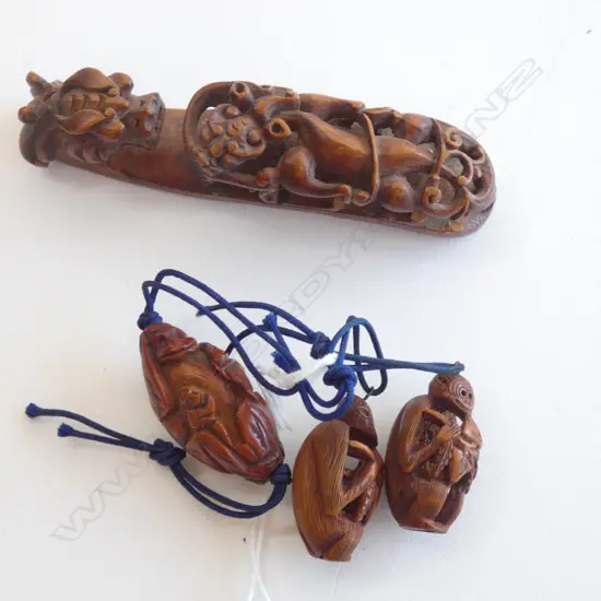 3 CHINESE CARVED PEACH PITS + WOODEN BELT HOOK AF