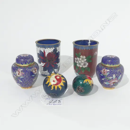 ORIENTAL CLOISONNE; PR SM GINGER JARS H 65MM PR SM CUPS H 73MM  & PR BAODING BALLS