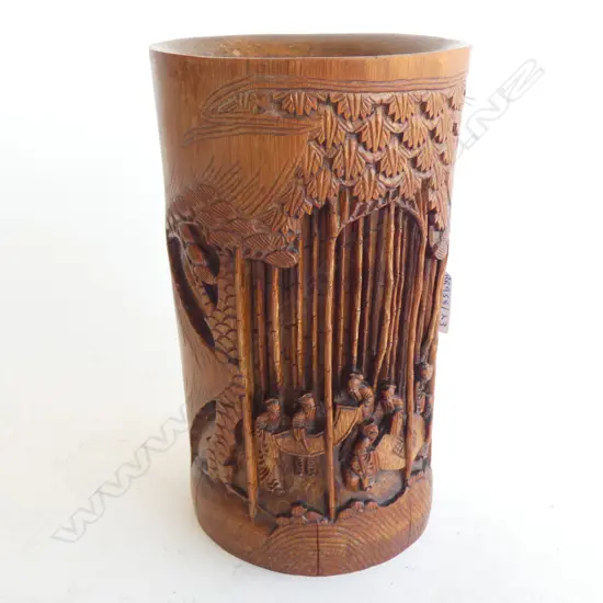 CHINESE CARVED BAMBOO BRUSH POT , JUNGLE VILLAGE SCENE, SIGNED