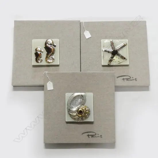 3 SIGNED ARTWORKS; GLASS TILES w. OCEAN THEME MOUNTED ON FABRIC 300mm sq