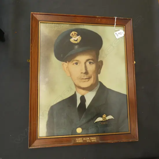 FRAMED HAND COLOURED PHOTO OF LLOYD ALLEN TRIGG V.C D.F.C H 370 MM