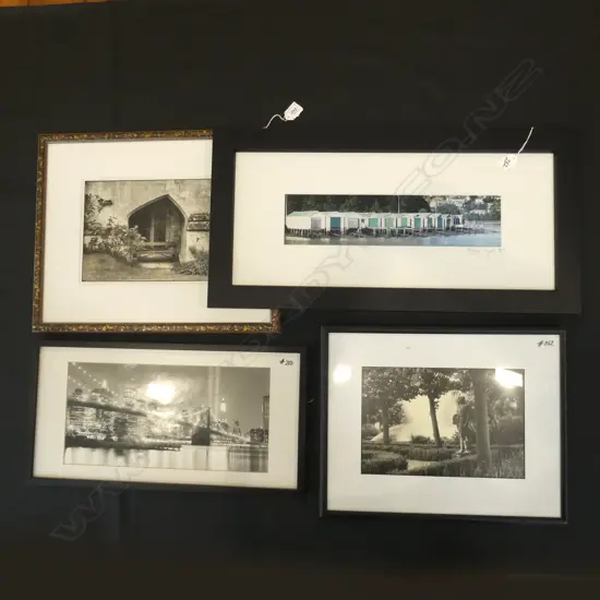 4 FRAMED PHOTOS; 2 SIGNED - 1 LTD ED BOAT HOUSES (390 X 95MM) NIGHT CITY SCAPE ETC.
