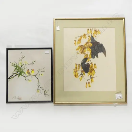 TUI IN KOWHAI PRINT 505x410mm + CHINESE ARTWORK; BIRDS & BRANCH ON FABRIC