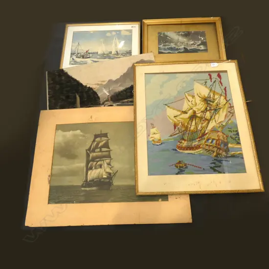 FIVE ASST OLD PAINTINGS / PRINTS / TAPESTRY - BOATS / SHIPS ETC. LARGEST 425 X 520MM