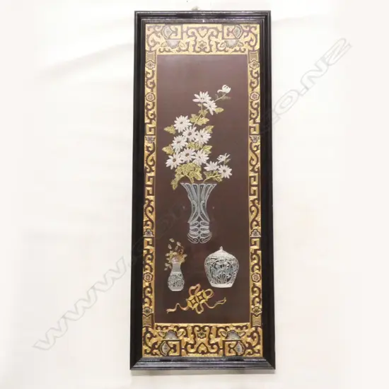 ORIENTAL WOODEN FRAMED EMBROIDERY WALL HANGING 1075 X 420MM