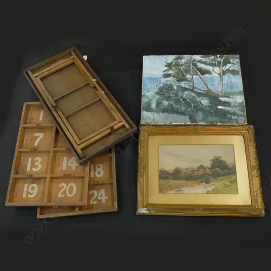 2 PAINTINGS + PR OLD WOODEN TRAYS w PAINTED NUMBERS (520 X 355MM) & SM FOLDING TRAY (310 X 615MM)