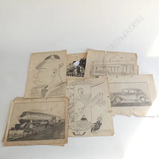 8 ORIGINAL PENCIL AND INK CARTOONS/TRAINS ETC C 1940 FOXING + SOME TEARS L  300 MM
