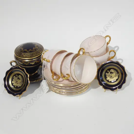 7 SHELLEY PINK & GOLD DEMITASSE C&S'S + COBALT & GOLD C&S AND SM DISHES