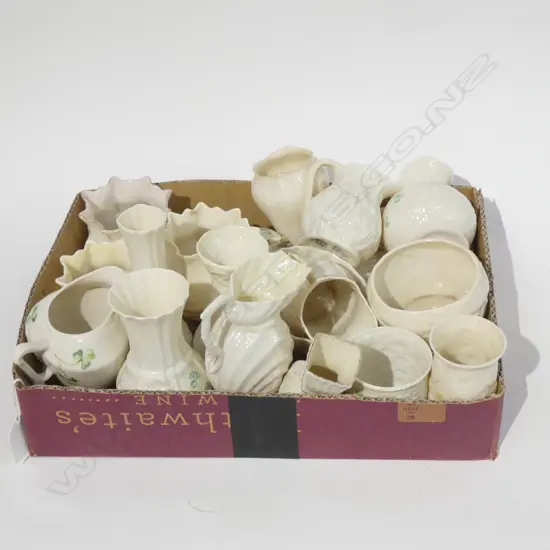 GOOD BOX LOT ASST BELLEEK; MOSTLY BLUE / GREEN & BROWN STAMPS (1 BLACK)