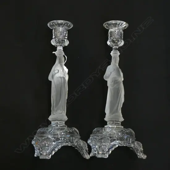 PR OLD PRESSED GLASS FIGURED MADONNA CANDLESTICKS..