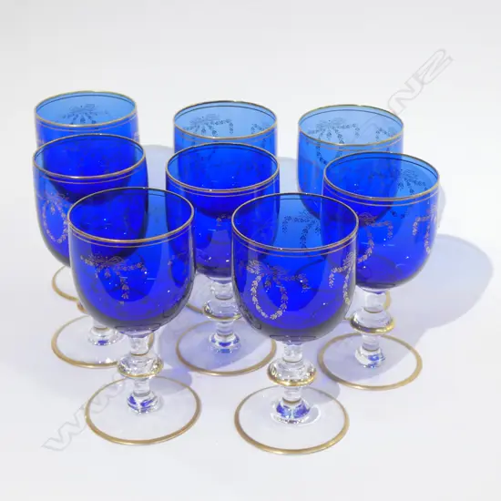 SET 8 COBALT & GOLD GLASS WINE GLASSES H. 165MM