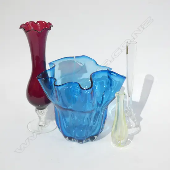 3 COLOURED GLASS VASES (LARGEST DIA 190MM) (1 SIGNED) + WHITEFRIARS GLASS VASE 