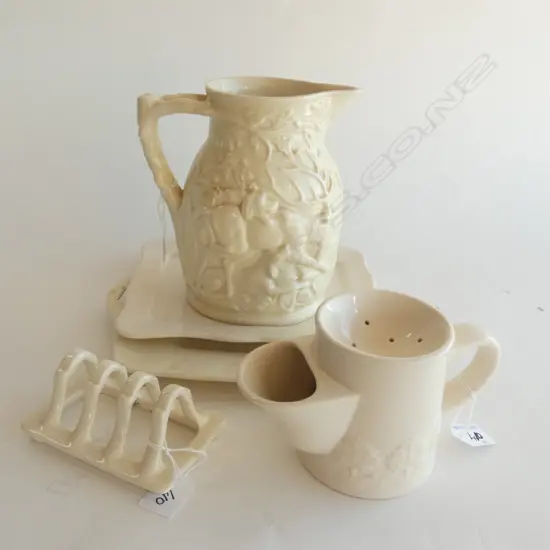 MASON IRONSTONE HUNTING JUG SHAVING MUG TOAST RACK & 2 PLATES IVORY PAT