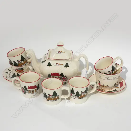 MASON IRONSTONE TEAPOT 2 C/S & 5 MUGS CHRISTMAS VILLAGE PAT