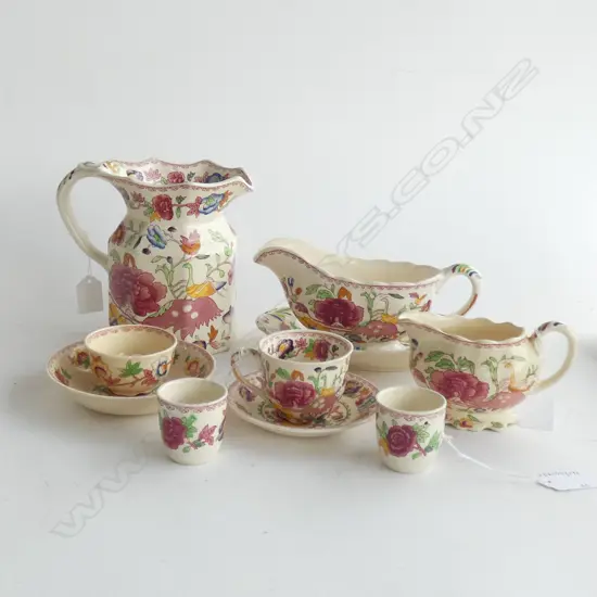 MASON IRONSTONE OCTAGANAL JUG SAUCE BOAT& 5 SMALL PCS RED REGENCY PAT