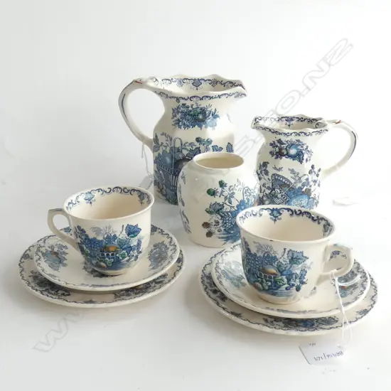 MASON IRONSTONE 2 OCTAGANAL JUGS 2CSPS & JAR FRUIT BASKET PAT