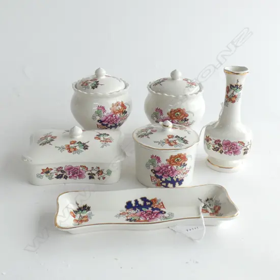 MASON IRONSTONE 4 LIDDED JARS VASE & DISH CHINESE GARDEN PATTERN