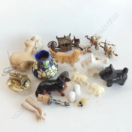 BOX VINTAGE BOUDIOR DOLL HEAD, PR IVORY ELEPHANTS AF, CERAMIC DOGS ETC