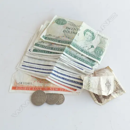 ASST OLD NZ BANKNOTES & COINS. 3X $20 + 14X $10...